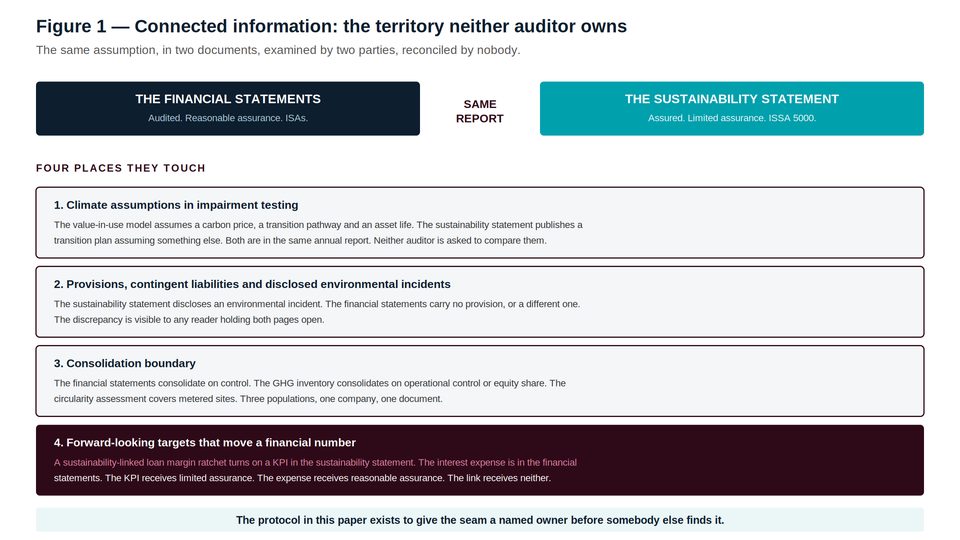 Diagram showing four intersection points where financial and sustainability audit responsibilities overlap and require coordi