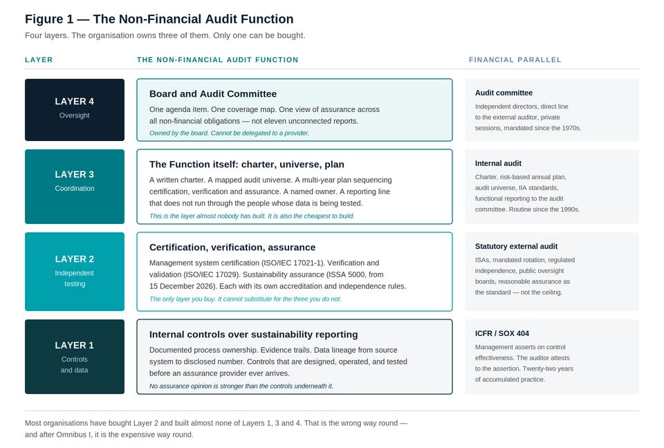 Four-layer architecture diagram of the Non-Financial Audit Function, showing organizational structure from foundational to re
